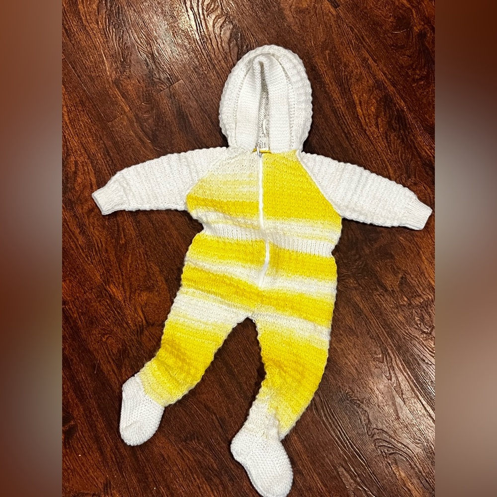 Handmade crochet one piece baby outfit yellow white knit